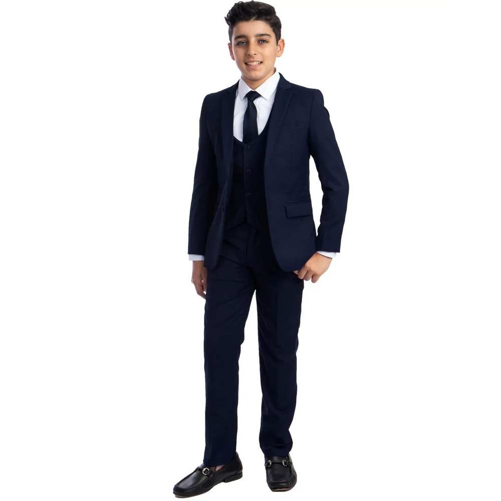 Perry Ellis Boy's 5 Piece Shirt Tie Jacket Vest and Pants Solid Suit Set NAVY  7